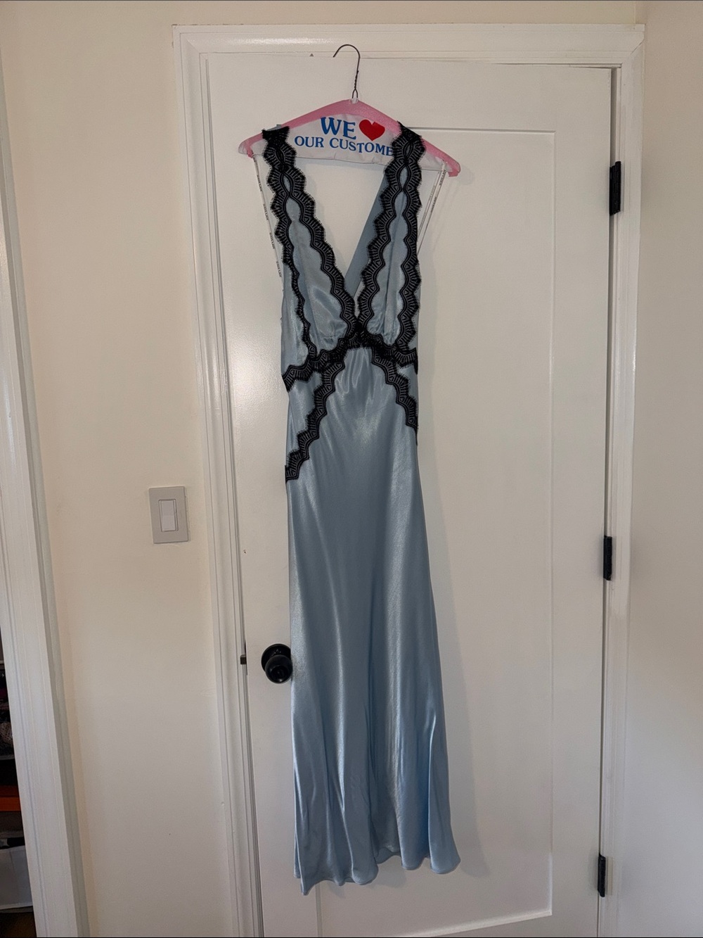 Shona Joy Light Blue Satin Maxi Dress with Black Lace Trim. USA size 8, AUS 12